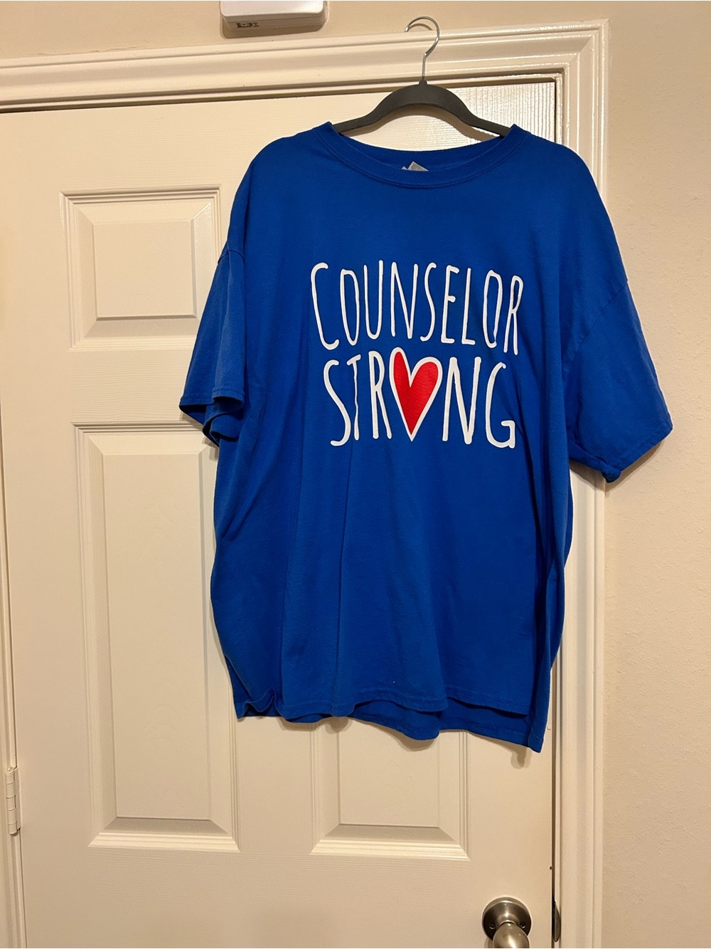 Gildan Royal Blue Tee with White 'Counselor Strong' Text and Red Heart